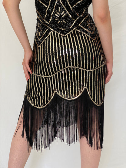 Vintage Art Deco Gatsby Black & Gold Sequin Fringe Cocktail Dress –  S