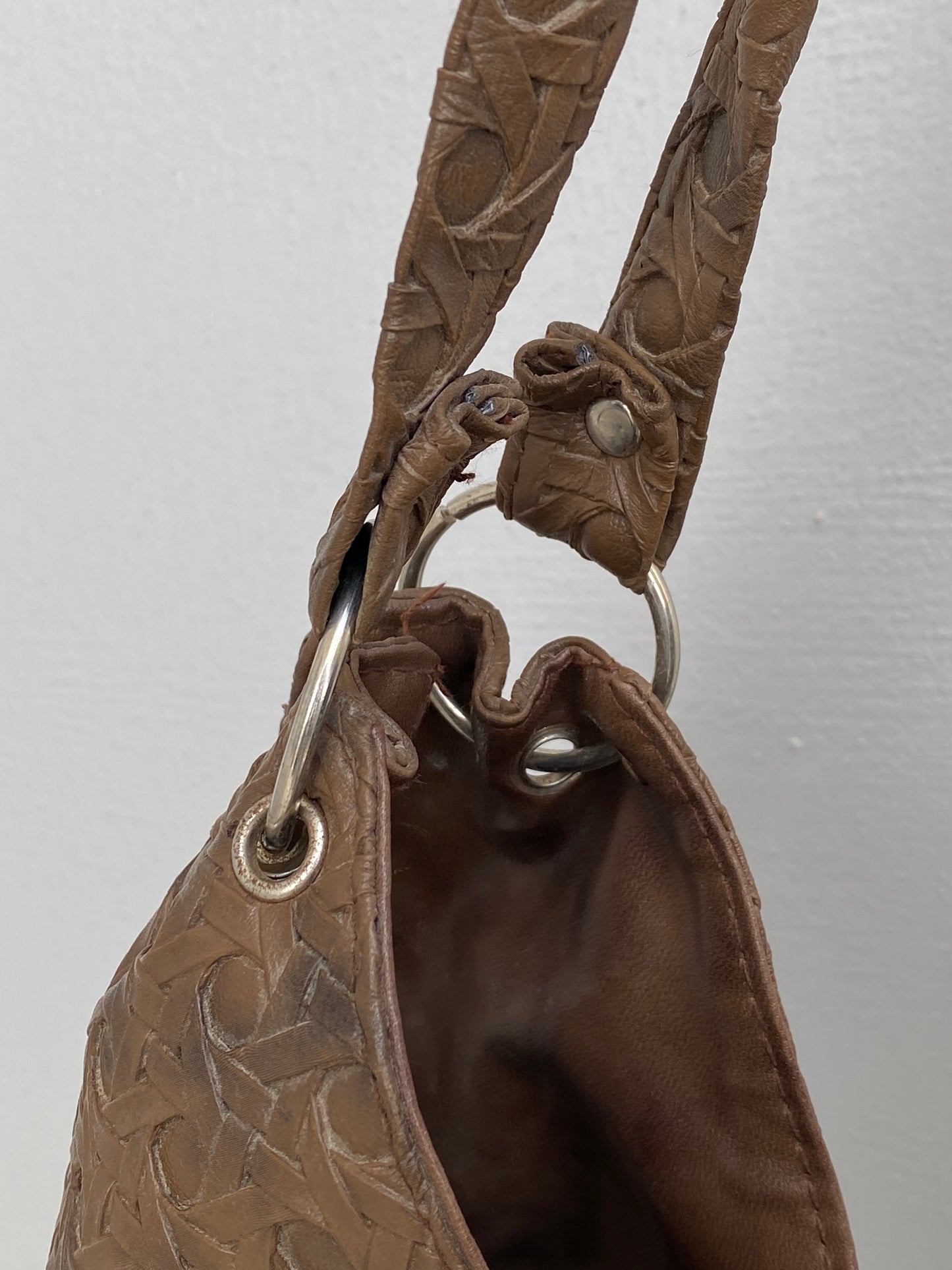 Vintage Y2K Brown Embossed Leather Hobo Bag Woven Texture Slouchy Shoulder Bag