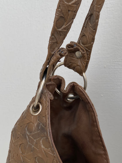 Vintage Y2K Brown Embossed Leather Hobo Bag Woven Texture Slouchy Shoulder Bag