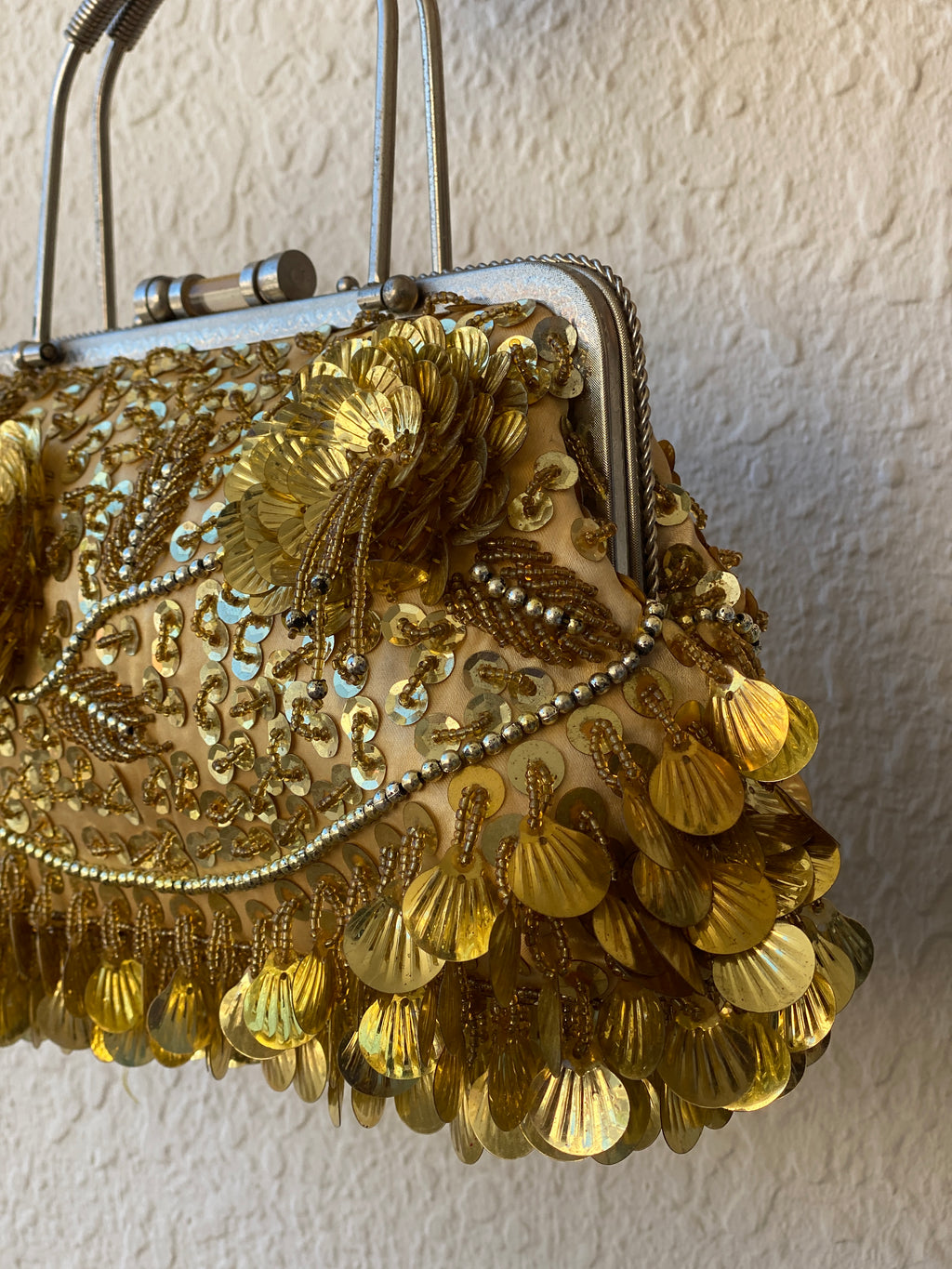 Vintage Gold Beaded Evening Clutch Sequined Metal Handle Bag