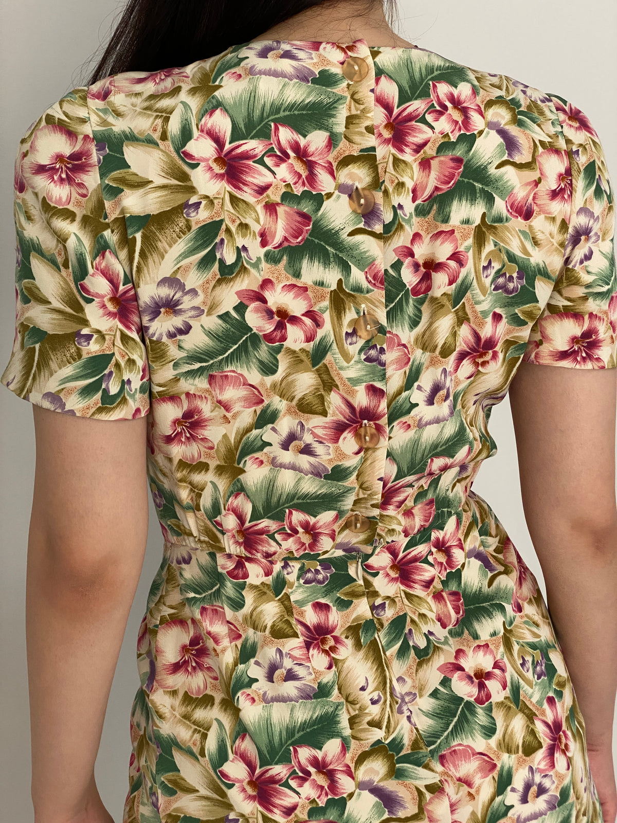 Vintage 90s Liz Claiborne Cream Rayon Tropical Floral Wrap-Style Dress - S