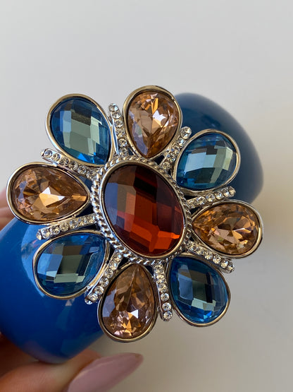 Y2K Cobalt Blue Rhinestone Flower Hinge Cuff Bracelet Chunky Bangle