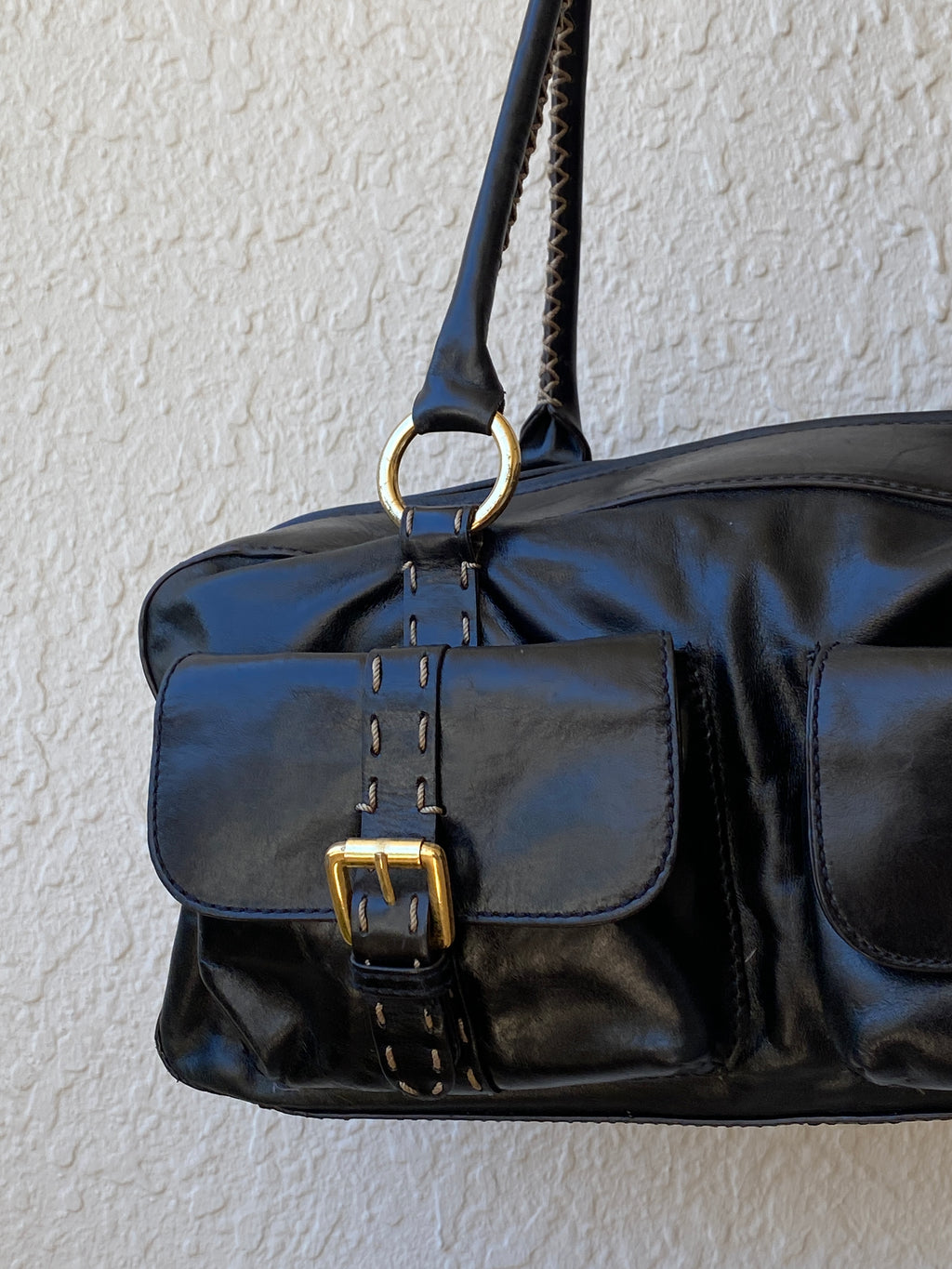 Vintage Hype Genuine Leather Satchel Shoulder Bag Black with Buckle & Stitching Detail Purse