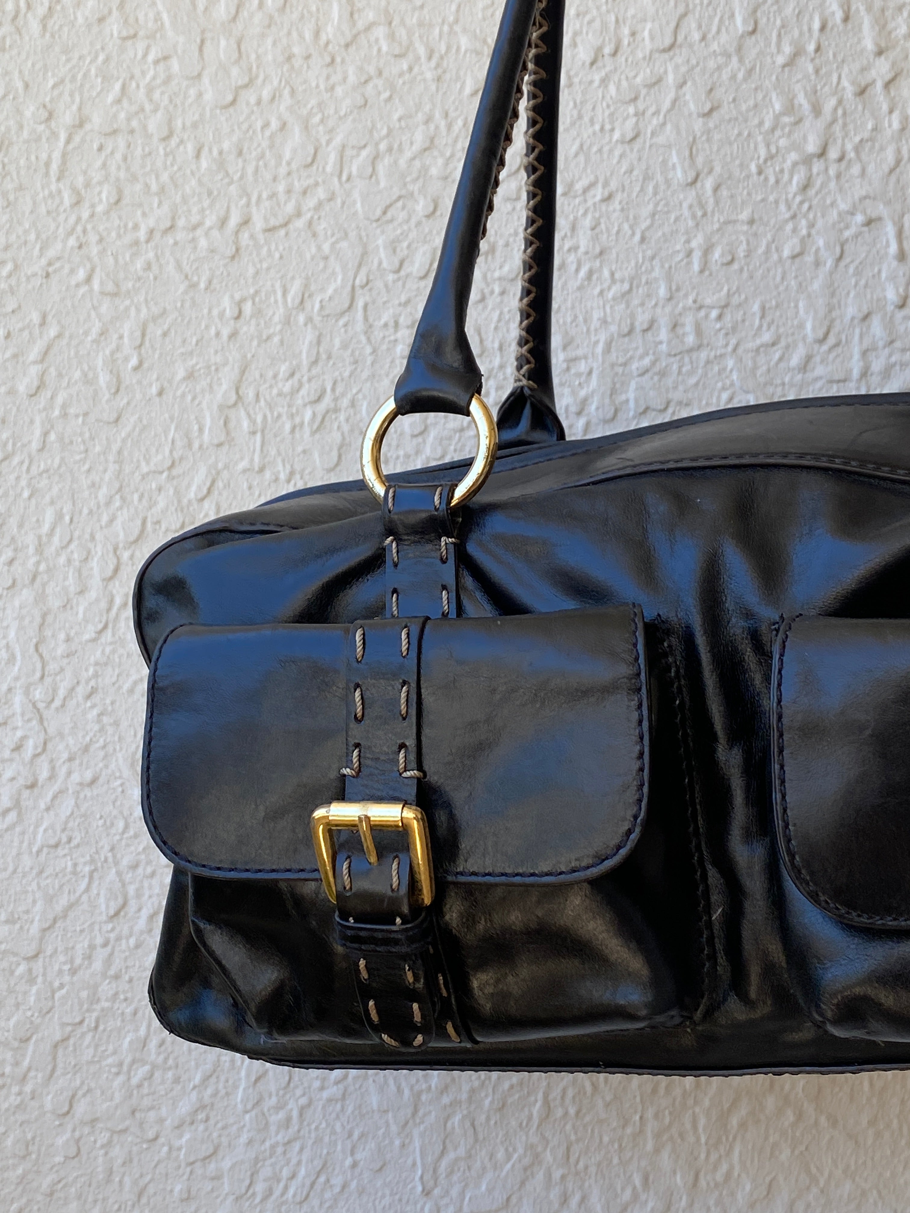 Vintage Hype Genuine Leather Satchel Shoulder Bag Black with Buckle & Stitching Detail Purse