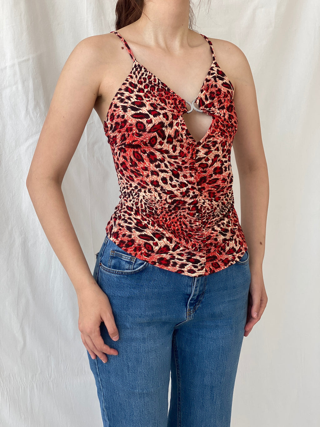 Y2K Seven Stars Jeans Red Leopard Print Cut Out Cami Top - S