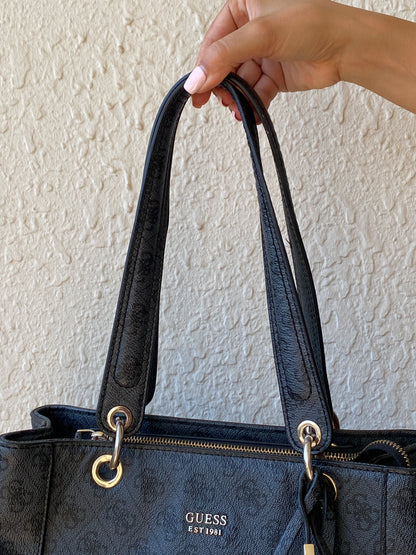 Vintage Y2K GUESS Black Monogram Logo Structured Tote Shoulder Bag