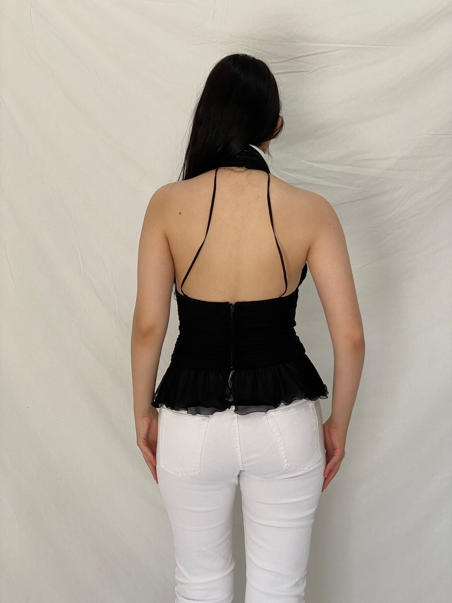 Y2K Lagerfeld Gallery Black Silk Halter Blouse with White Collar – S