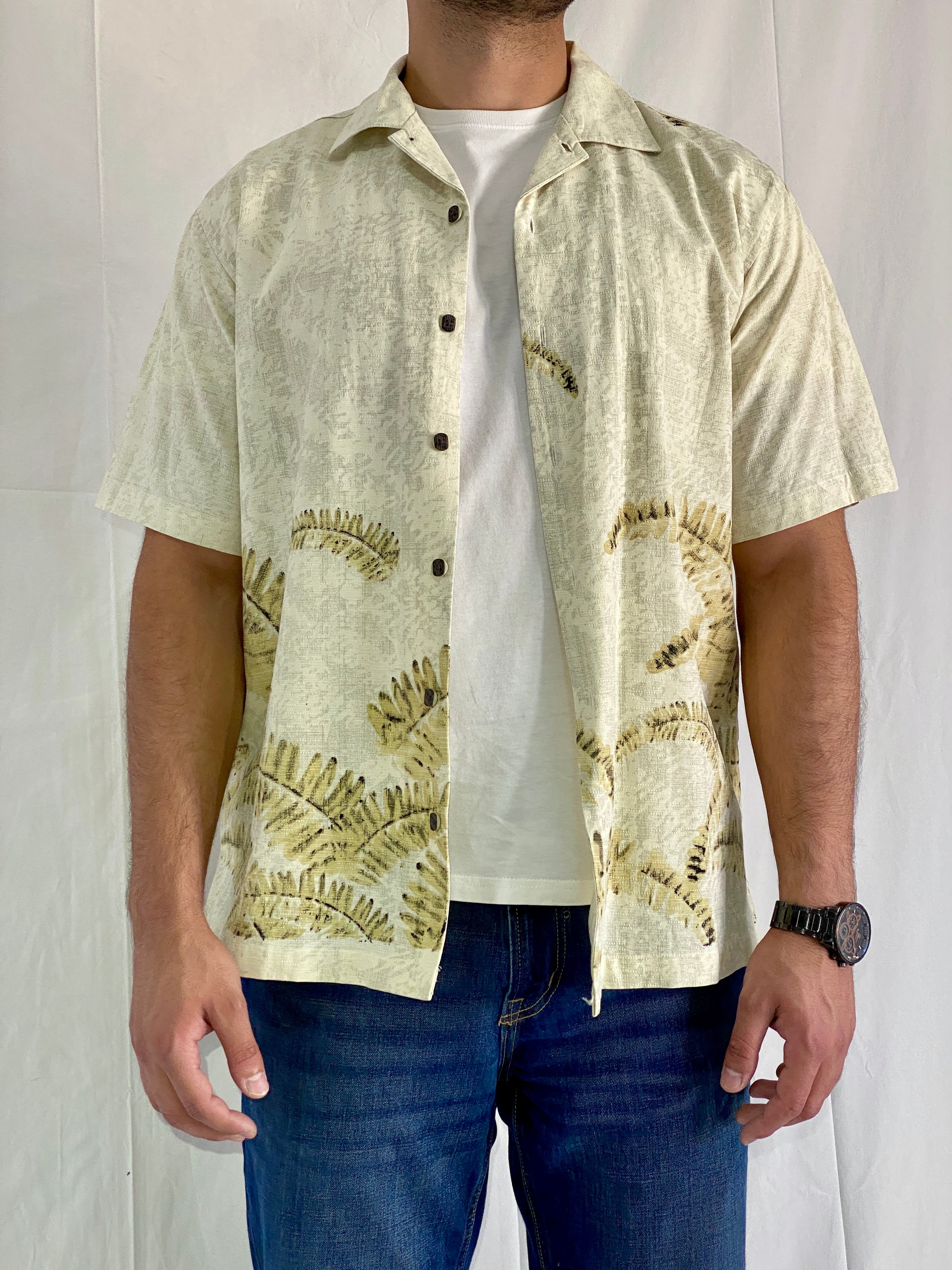 Vintage IZOD Silk-Cotton Blend Palm Print Beige Resort Men’s Shirt - L