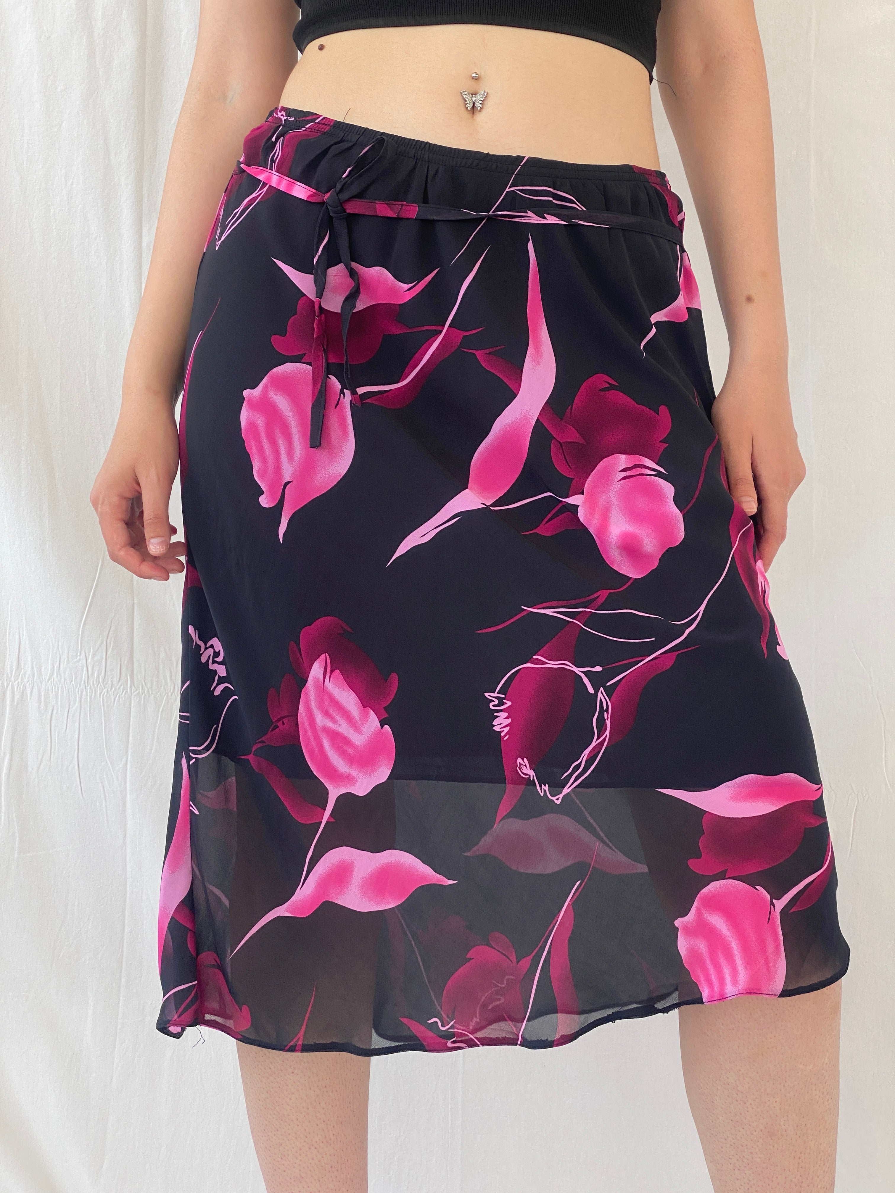 Vintage 90s Black Floral Print Pink Midi Skirt - L