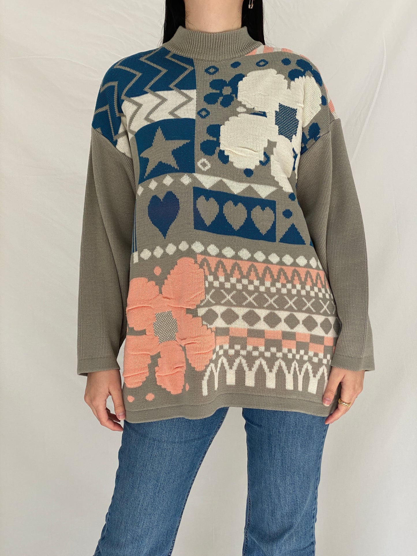 Vintage 90s Elegance EF Gray Knit Floral & Geometric Motifs Sweater - L