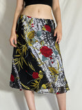 Vintage 90s Black Red Floral Print Midi Skirt - L