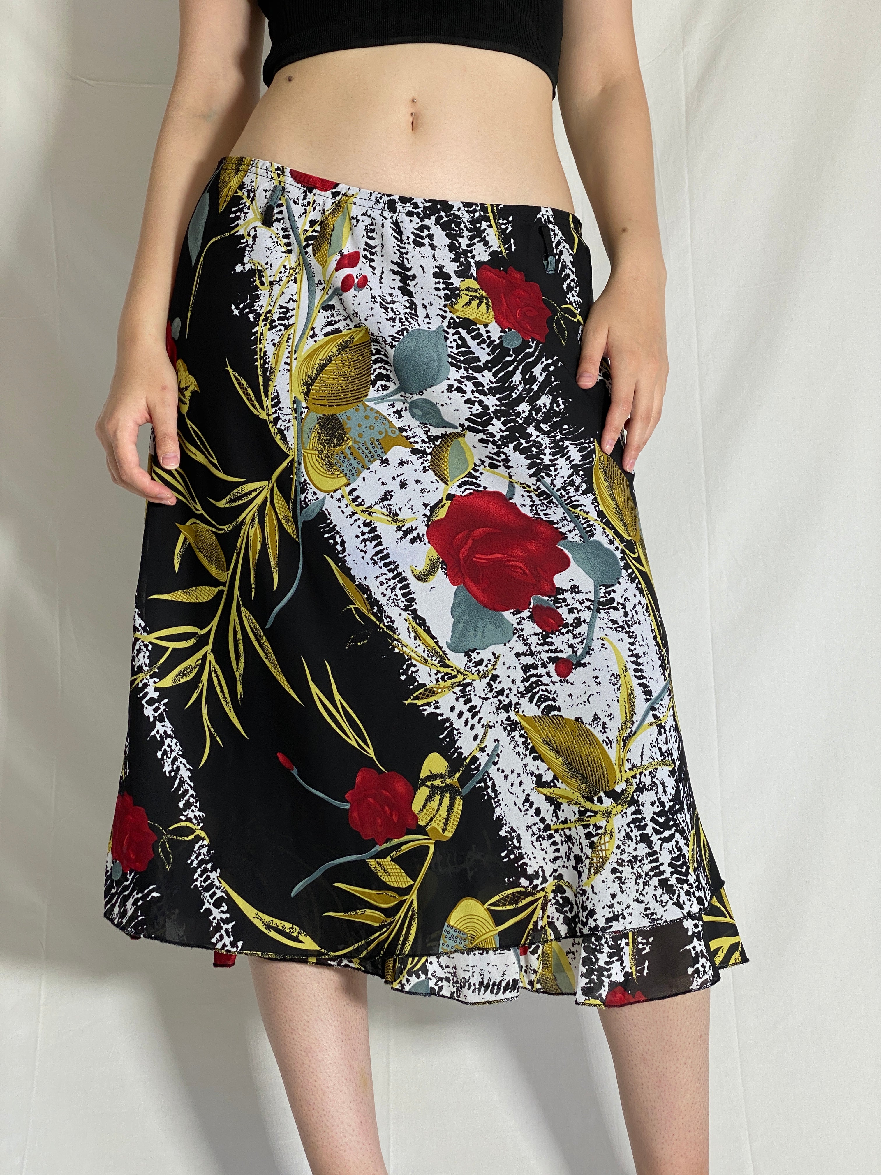 Vintage 90s Black Red Floral Print Midi Skirt - L