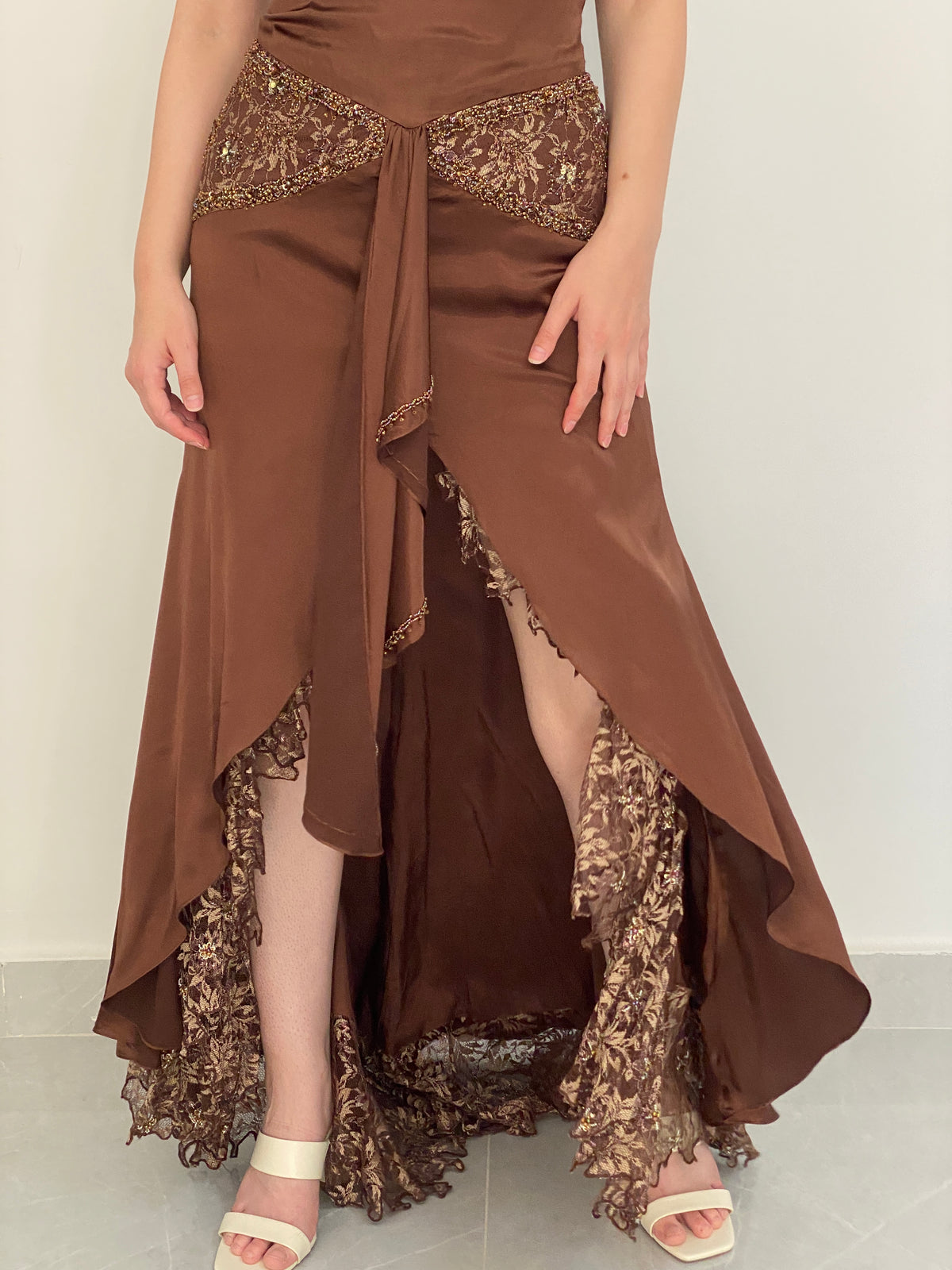 Vintage Party Time Brown Beaded Lace Strapless Formal Gown – M