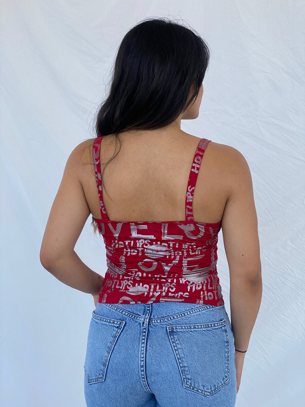Y2k J.N.Y Red Graphic Cami Top With Lace Detailing- L
