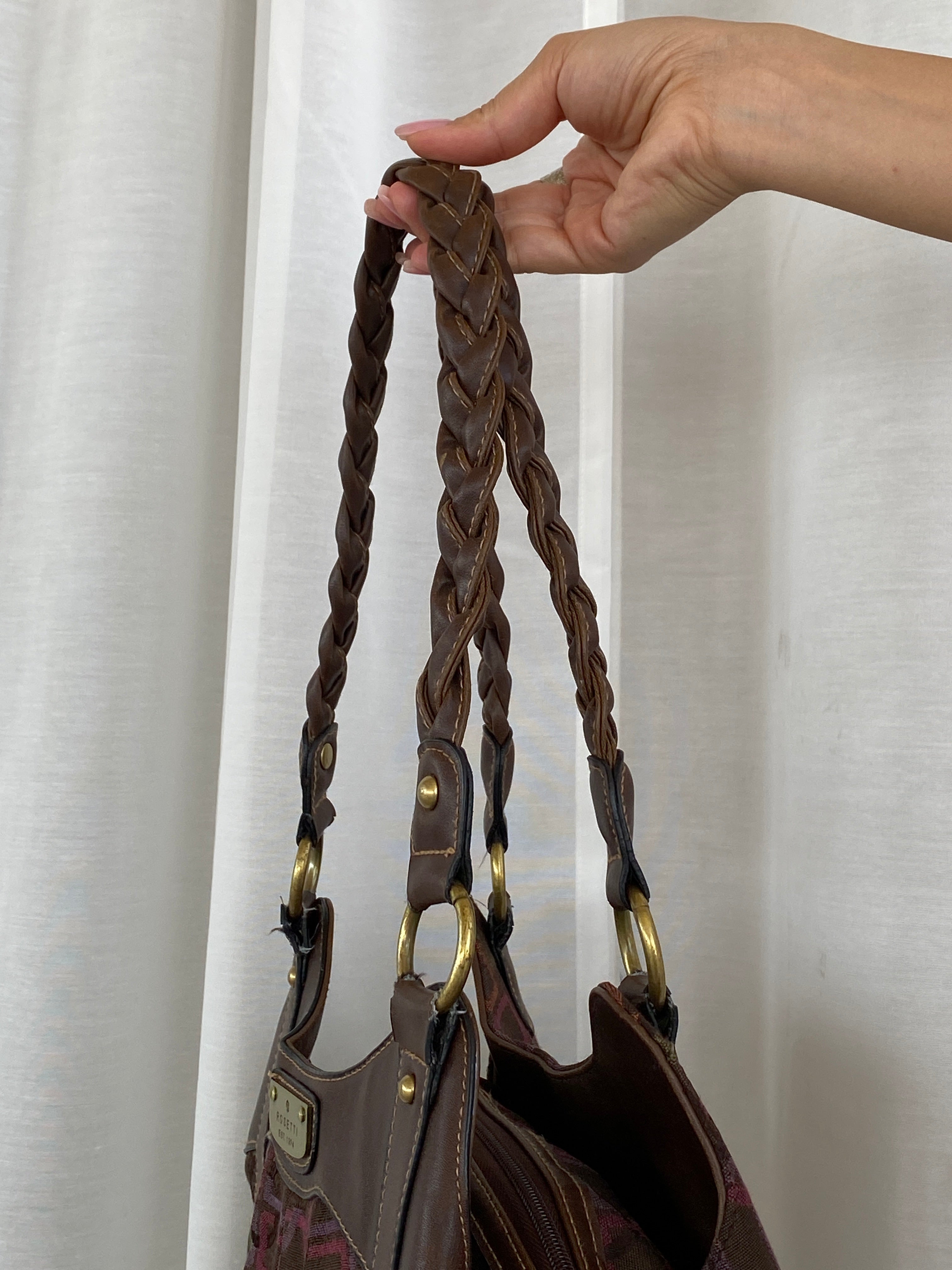 Y2K Rosetti Brown Multicolored Geometric Pattern Shoulder Bag With Braided Vinyl Handles