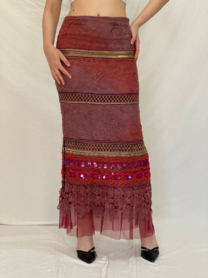 BRITISHINDIA Limited Edition Embellished Lace Maxi Skirt with Beaded Panels & Side Slit -S