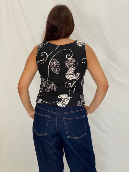 Vintage CASSANI Black Linen Floral Sleeveless Top – M