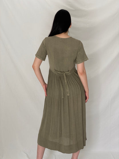 Vintage 90s Olive Embroidered Boho Rayon Blend Button Midi Dress – M