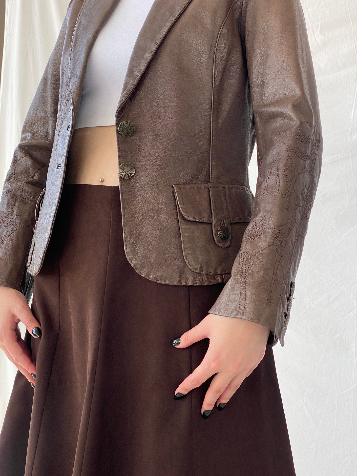 Vintage FRANSA Brown Genuine Leather Floral Embroidered Women’s Blazer Jacket - M