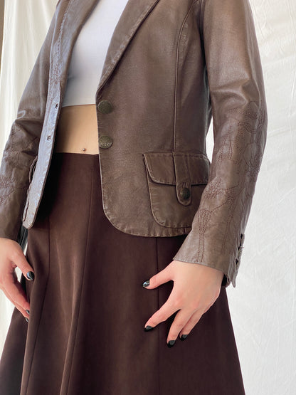 Vintage FRANSA Brown Genuine Leather Floral Embroidered Women’s Blazer Jacket - M