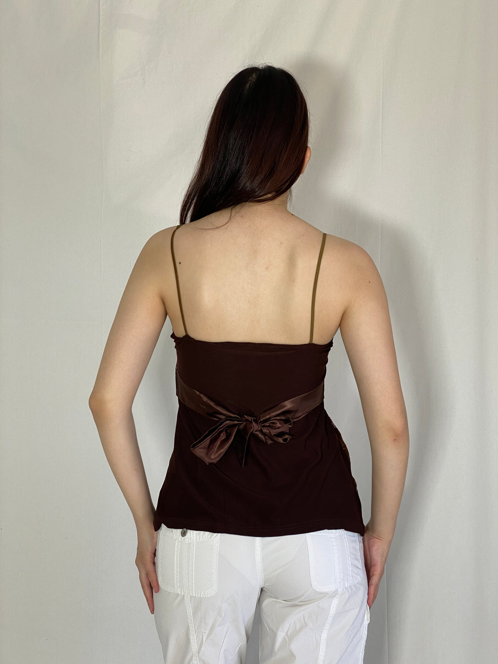 Vintage Y2K Brown Lace Camisole Satin Trim Cami Top - S