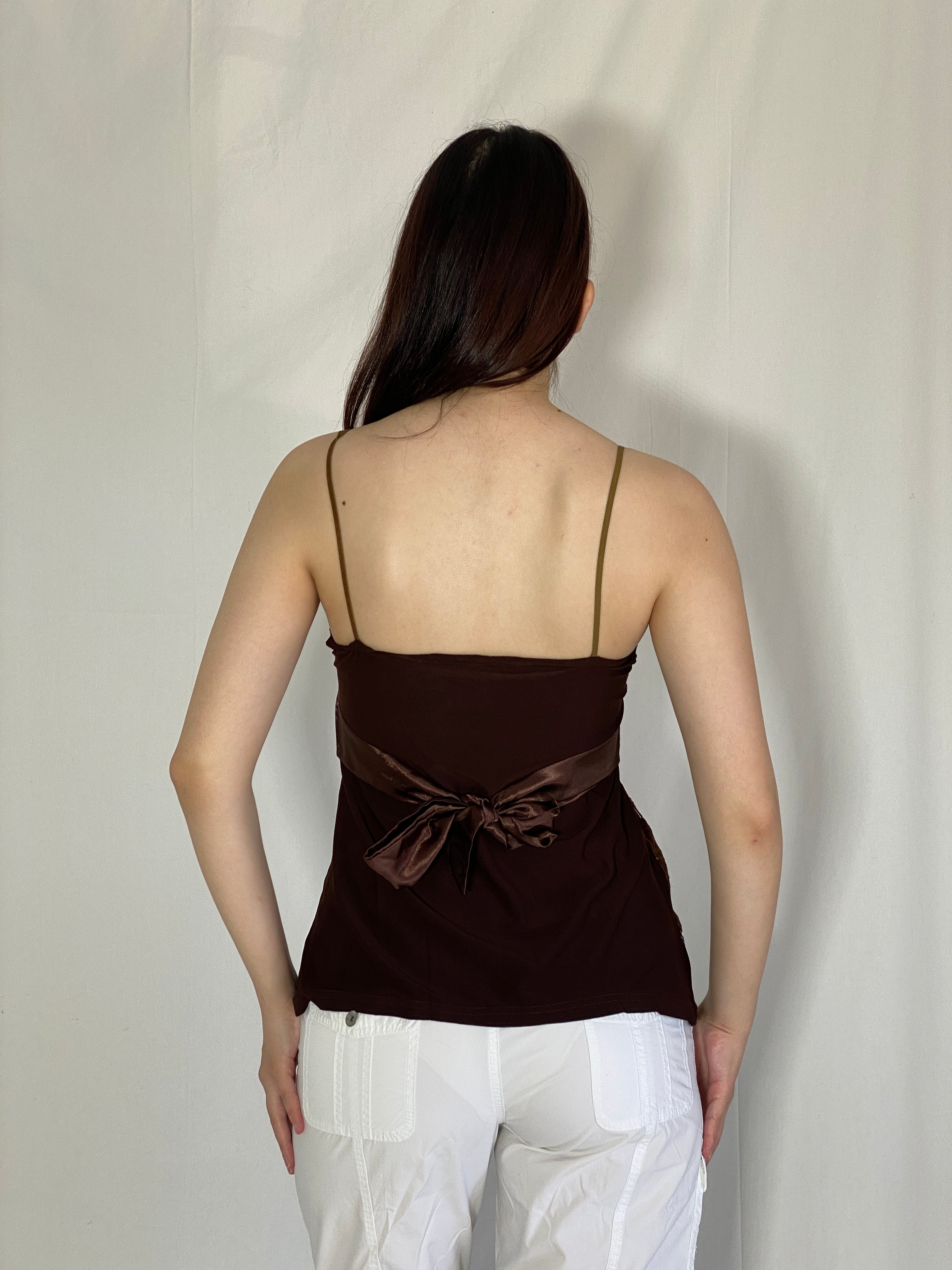 Vintage Y2K Brown Lace Camisole Satin Trim Cami Top - S