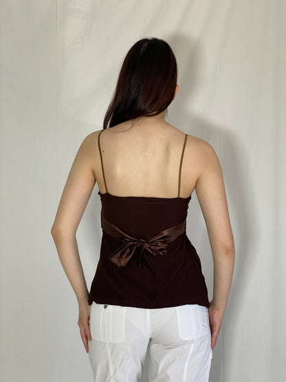 Vintage Y2K Brown Lace Camisole Satin Trim Cami Top - S