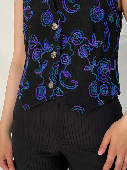 Vintage Embroidered Wool Blend Floral Vest Black Purple Boho Button Waistcoat – M