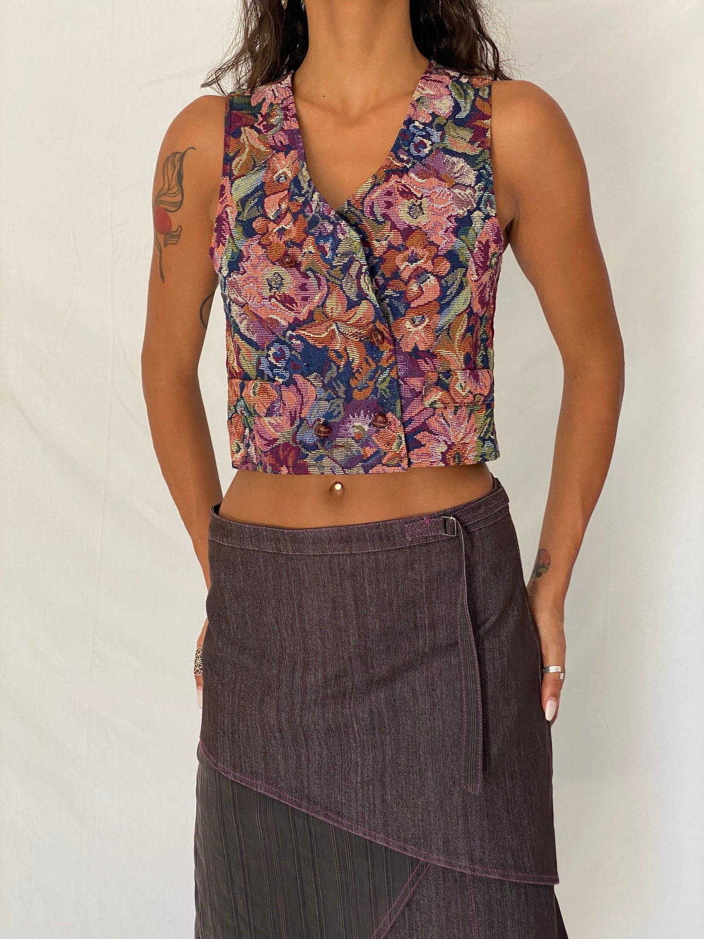 Vintage 90s In Design Multicolor Floral Tapestry Cropped Waistcoat Vest - S