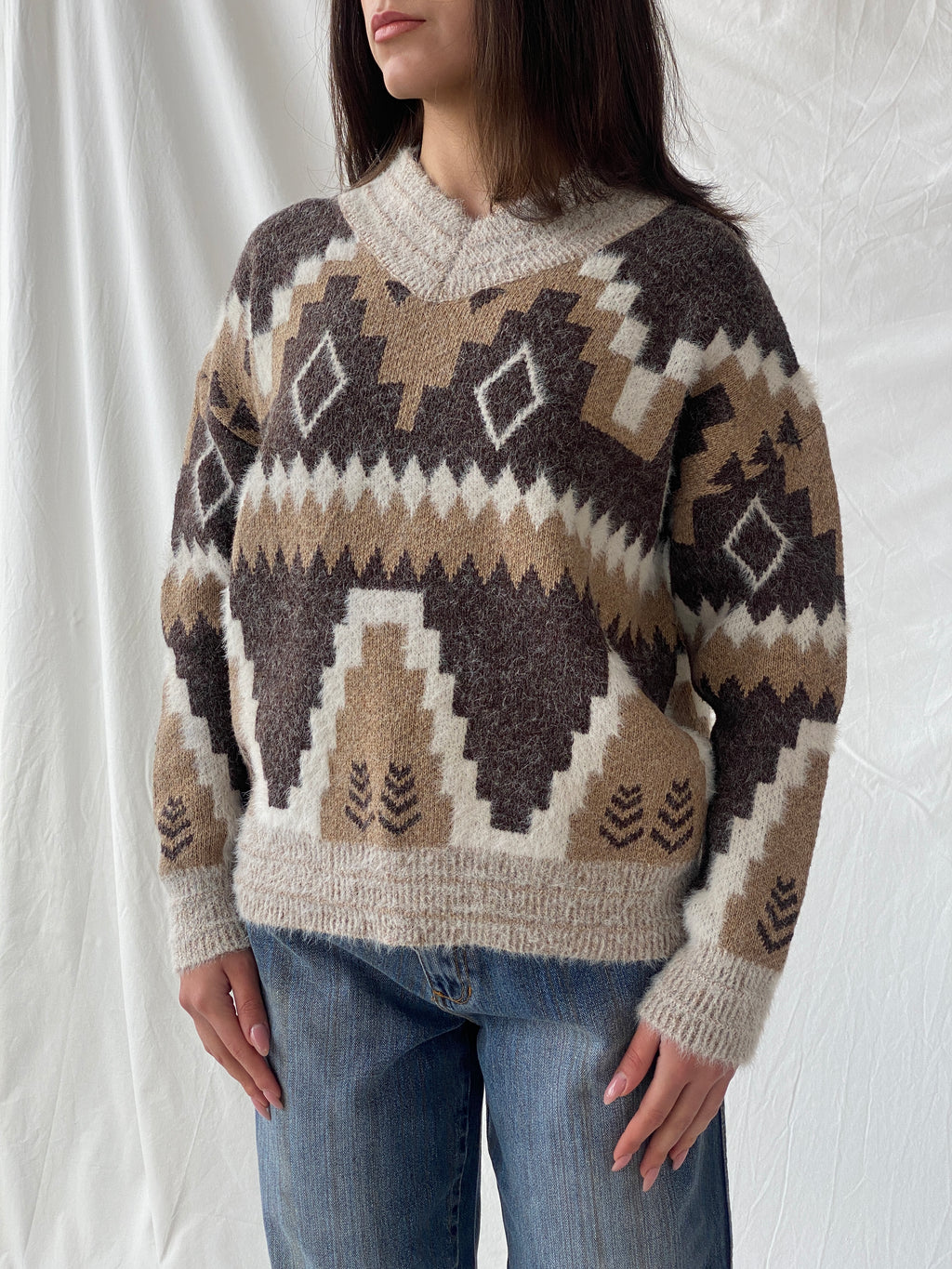 Vintage Wool & Mohair Geometric Icelandic Print V-Neck Handmade Knit Sweater - M