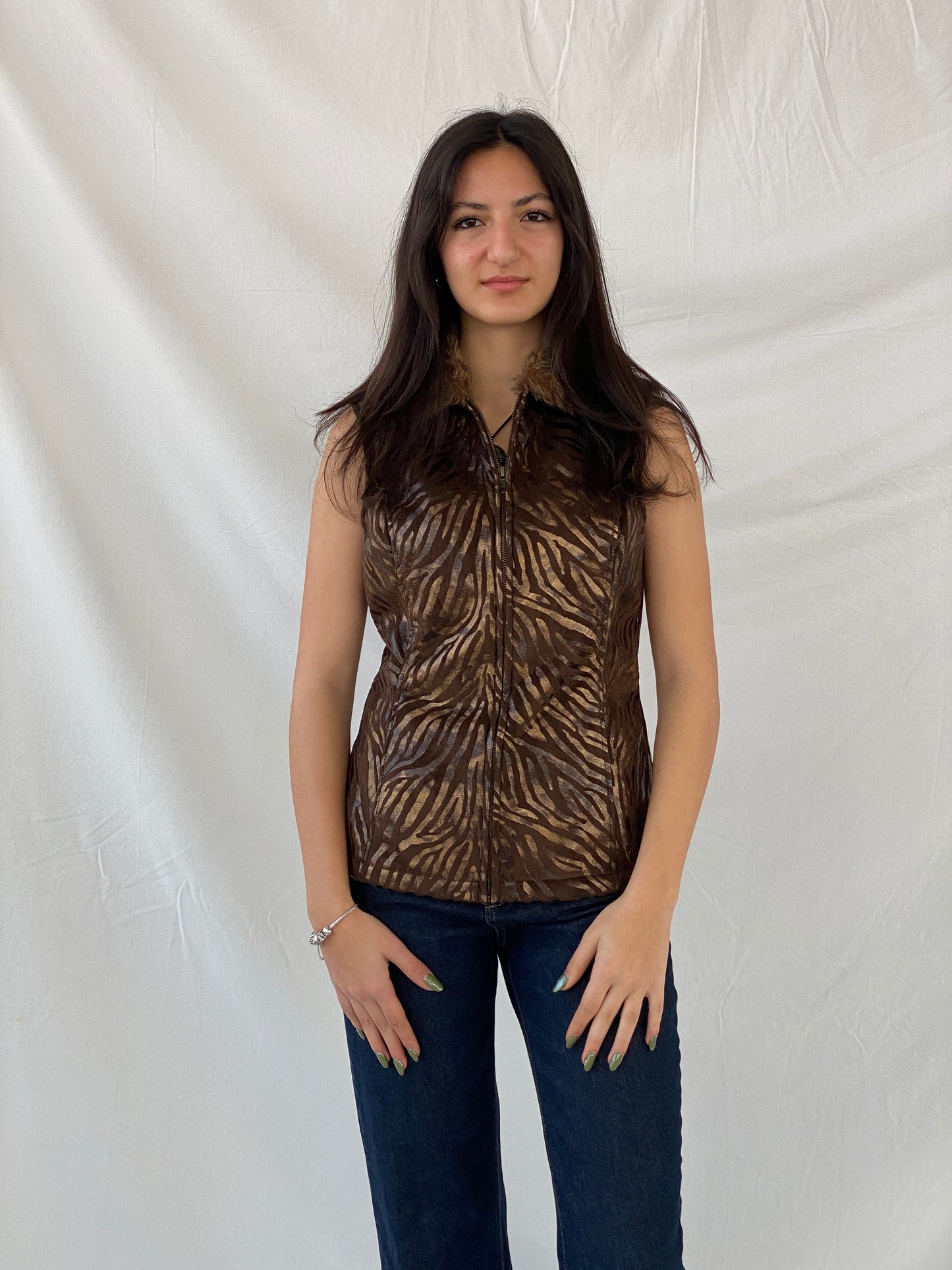 PR Powder River Outfitters Women’s Brown Zebra Fur-Collar Zip Up Fur Lined Vest - S