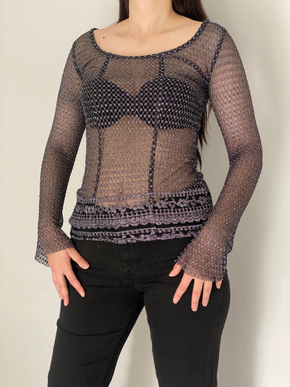 Vintage Y2K Black & Silver Metallic Crochet Mesh Sheer Grunge Top – S