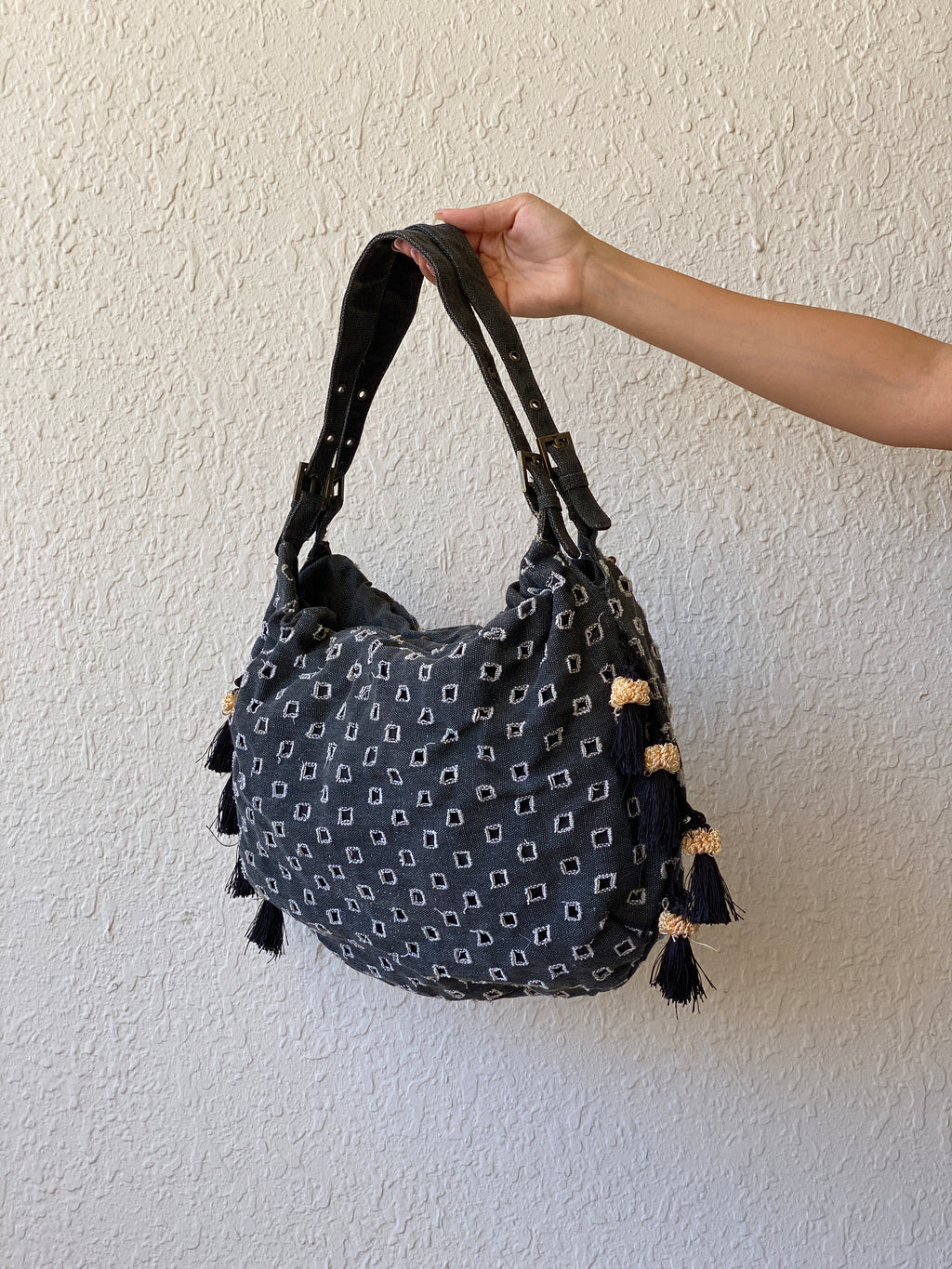 Y2K Gray Boho Hobo Denim Shoulder Bag With Side Fringes