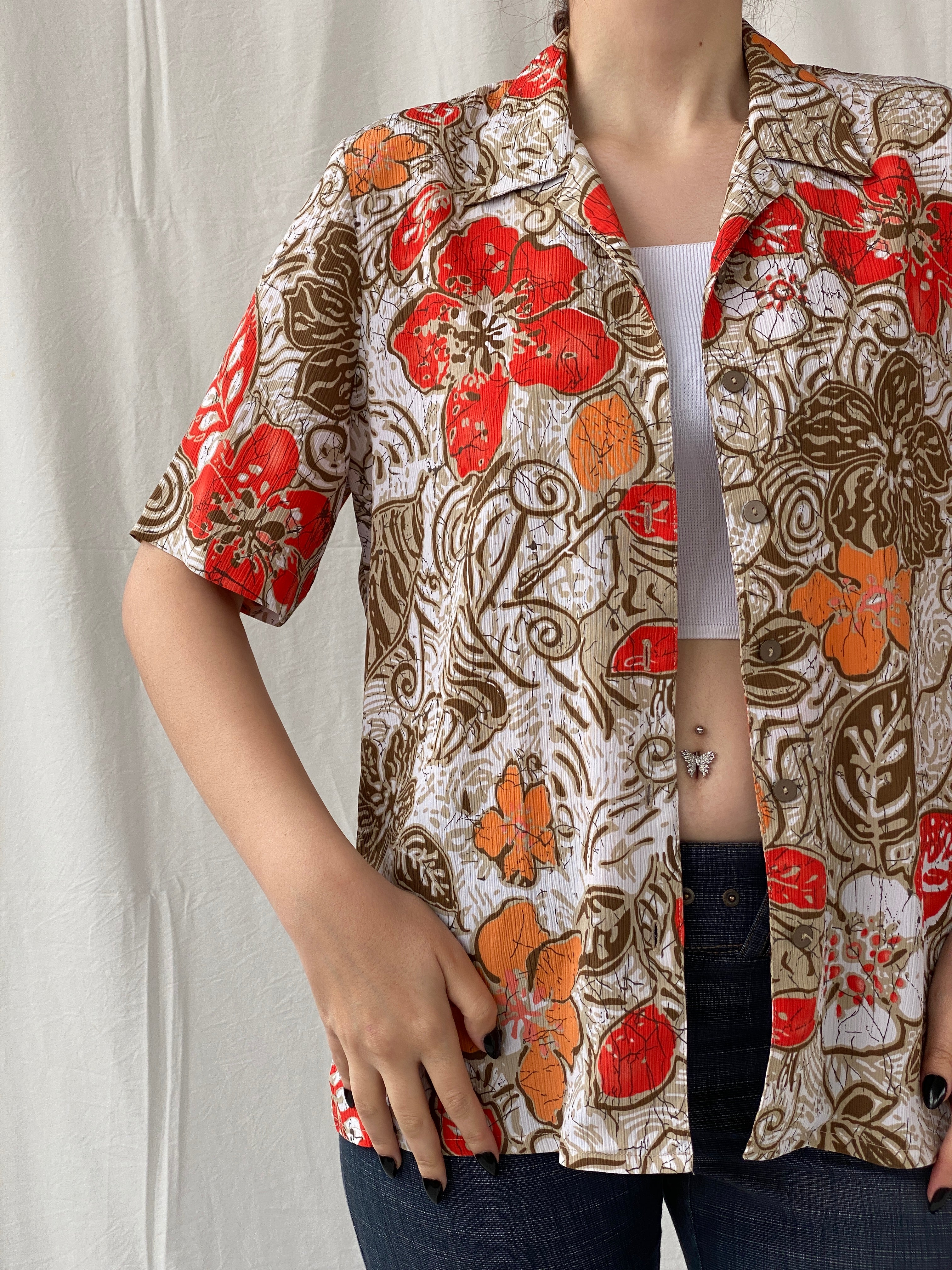 Vintage ALIA Orange Floral Women’s Short Sleeve Button Up Hawaiian Shirt - M