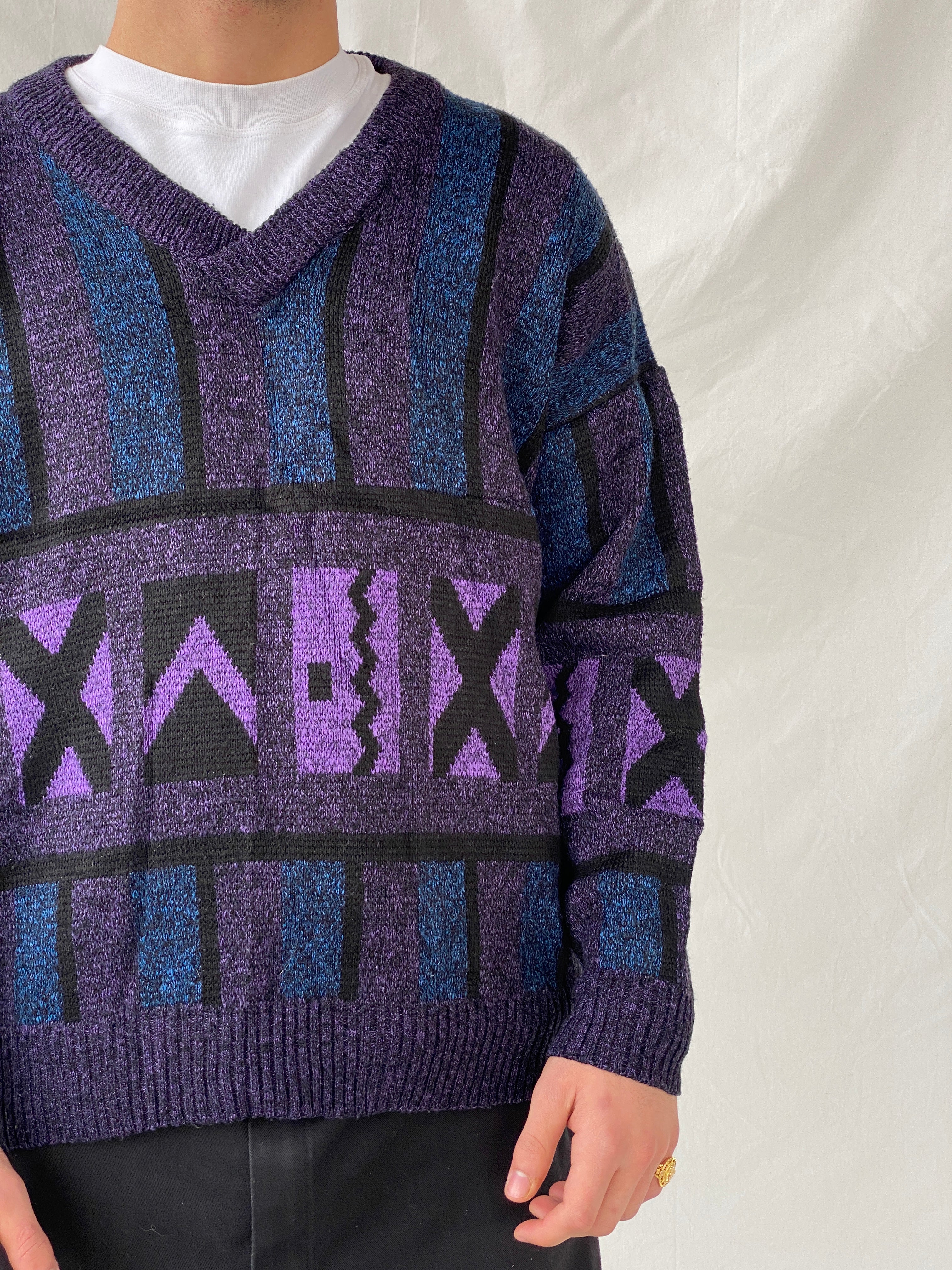 Vintage 80s Pegasus Purple Blue V-Neck Wool Blend Geometric Print Sweater - M