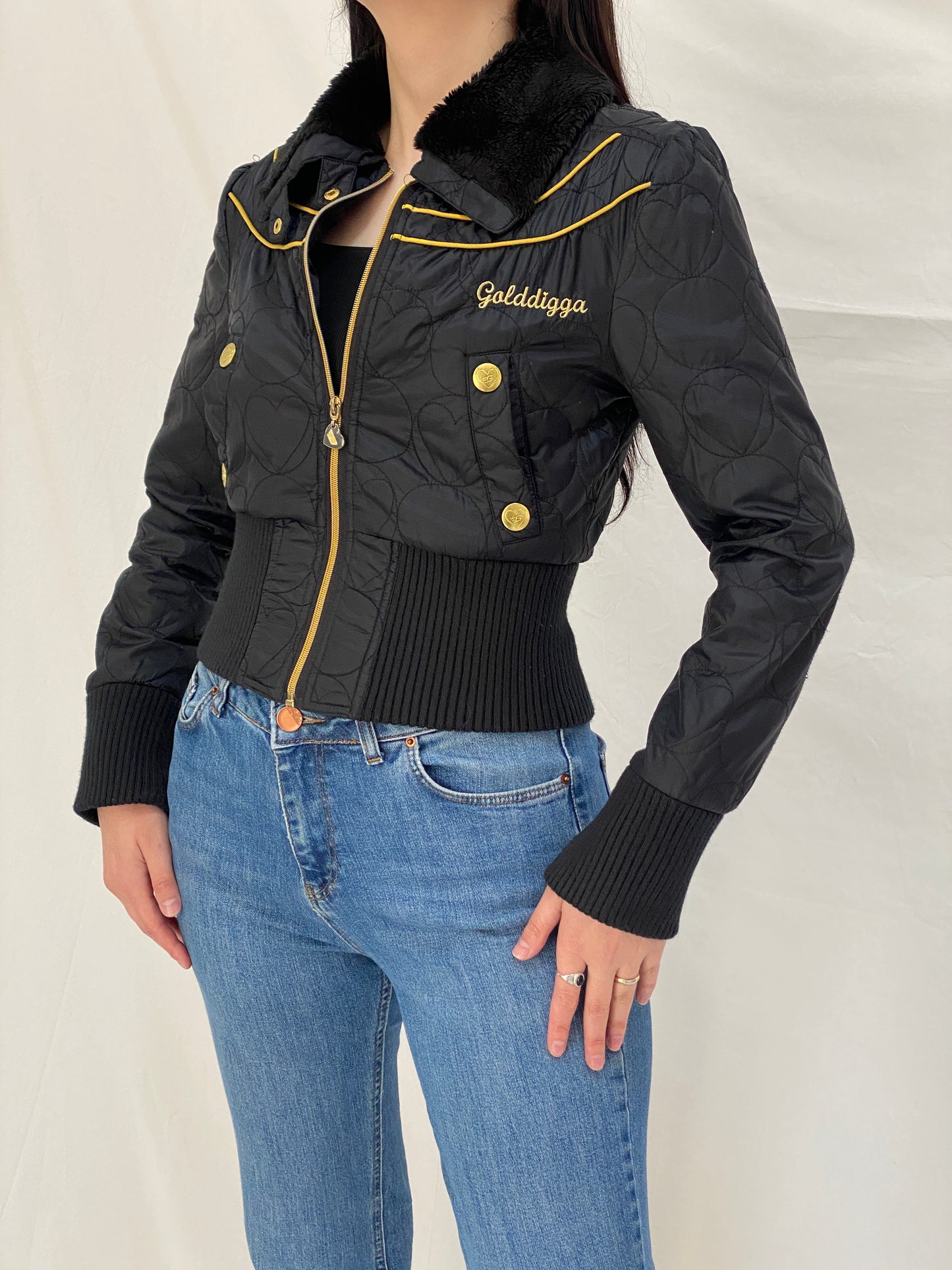 Y2K Core Golddigga Black Cropped Puffer Jacket Faux Fur Collar Gold Details - S
