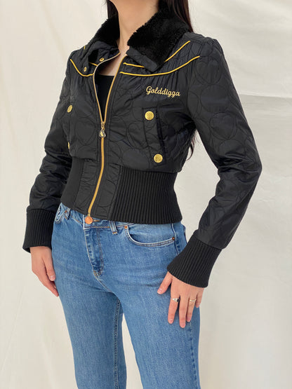 Y2K Core Golddigga Black Cropped Puffer Jacket Faux Fur Collar Gold Details - S