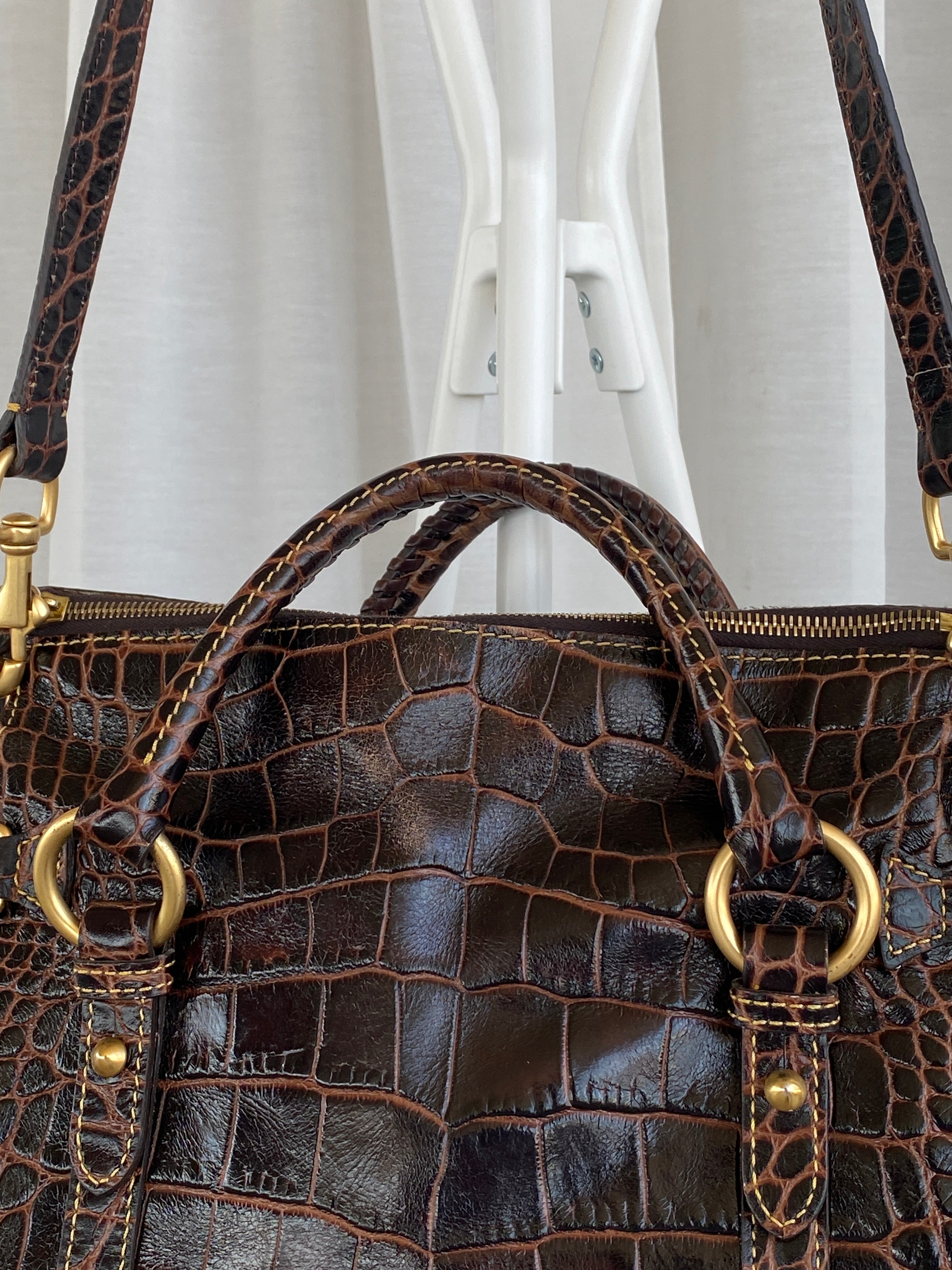 Dooney & Bourke Brown Croc Print Designer Hand Bag with Side Tassels and Gold Details