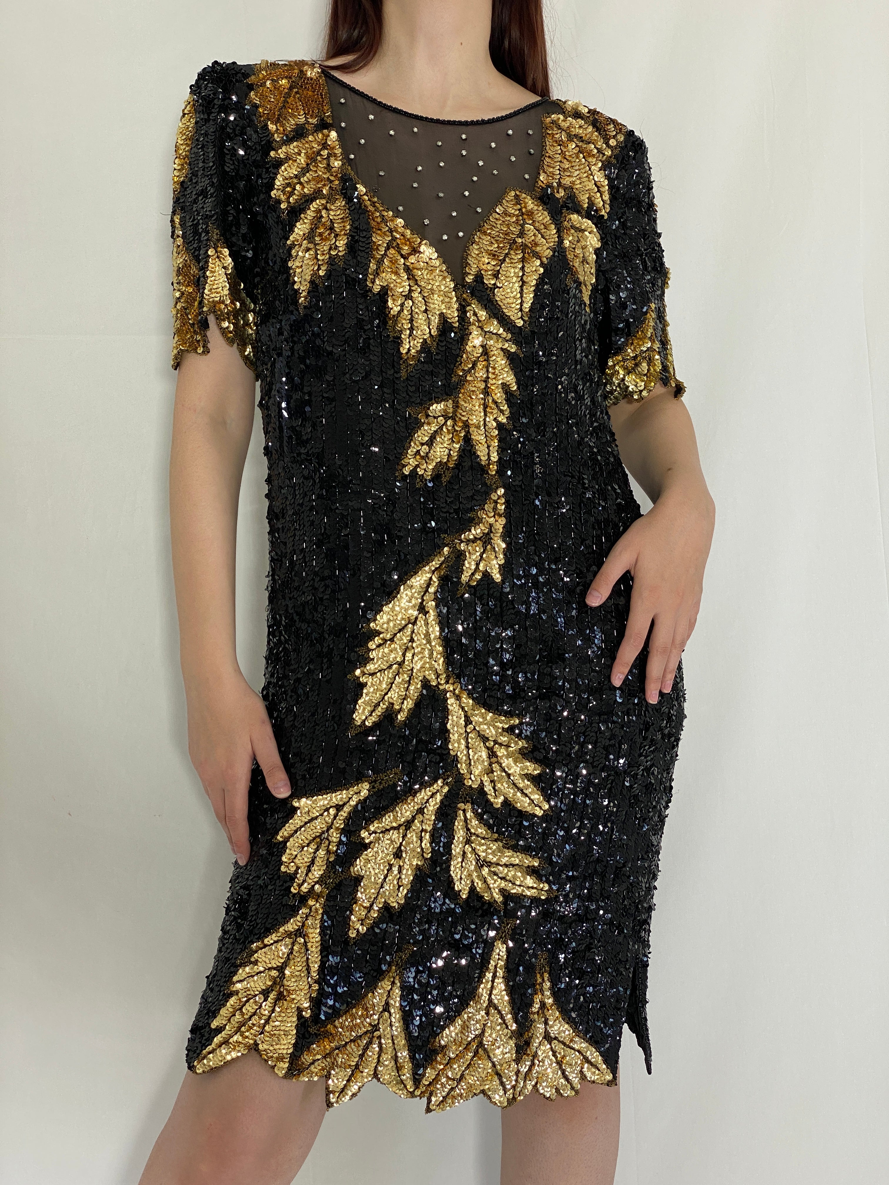 Vintage 80s/90s Sho Max Originals Black Silk Sequin Gold Leaf Beading Party Dress - L