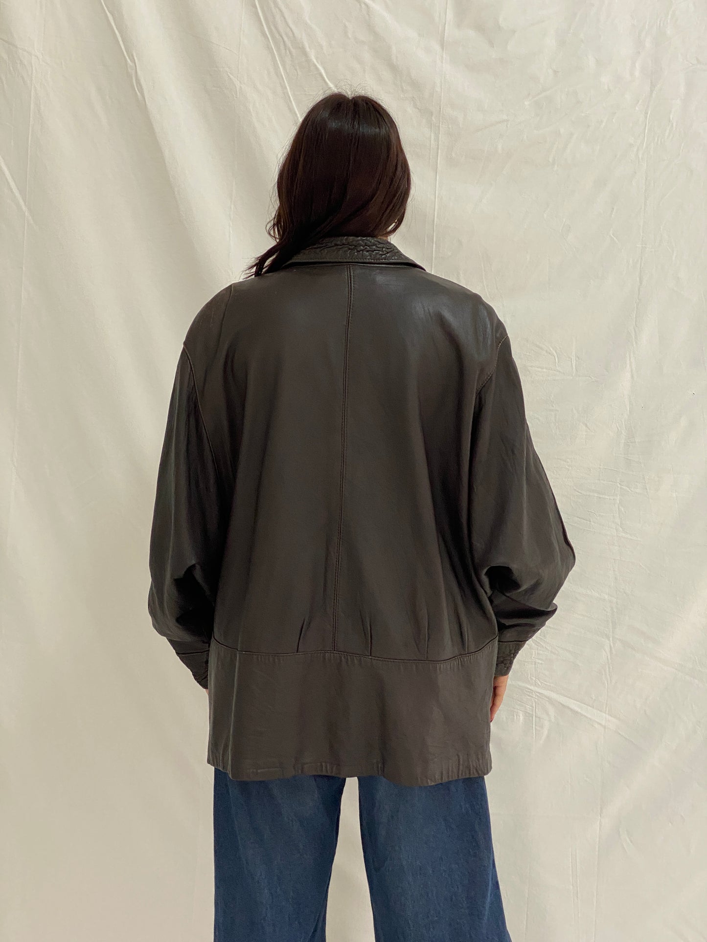 Vintage Brown Leather Coated Oversized Jacket with Textured Collar & Cuff Details - L