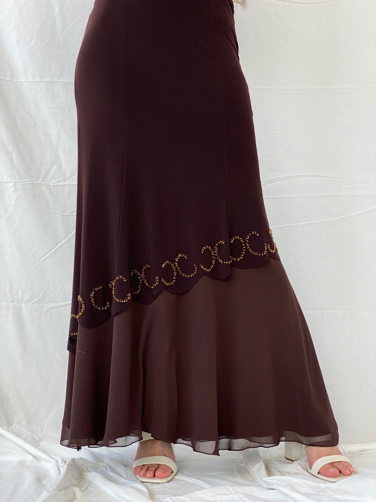 Vintage Y2K Günbeyi Brown Beaded Wedding Guest Maxi Dress - M