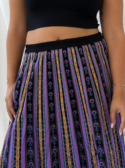 Vintage Angelika Moden Striped German-Folk Black and Purple Midi Cotton Skirt - L