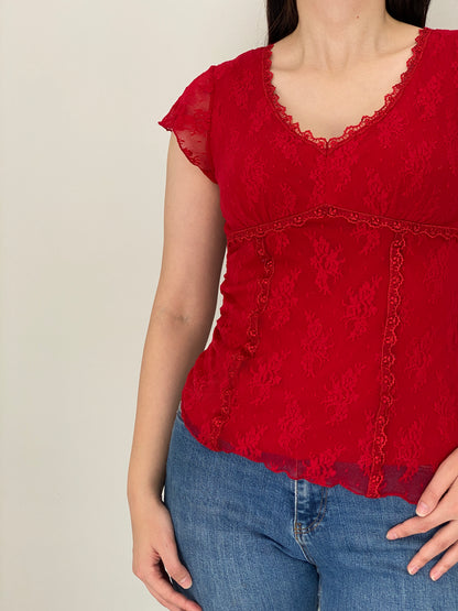 Vintage Y2K Candie’s Red Stretch Floral Lace Babydoll Top – M