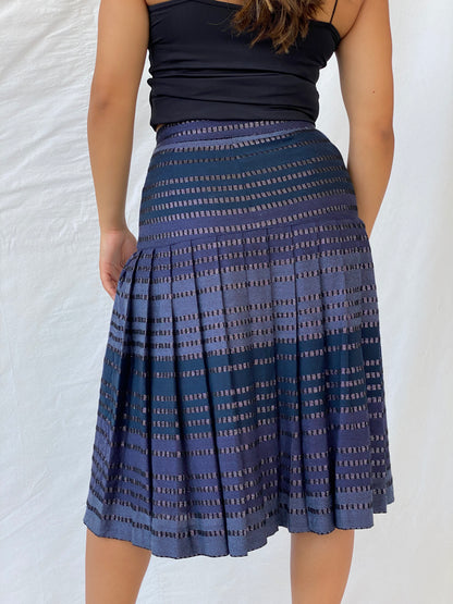 Vintage Carla Carini Blue And Black Pleated Midi Skirt - S