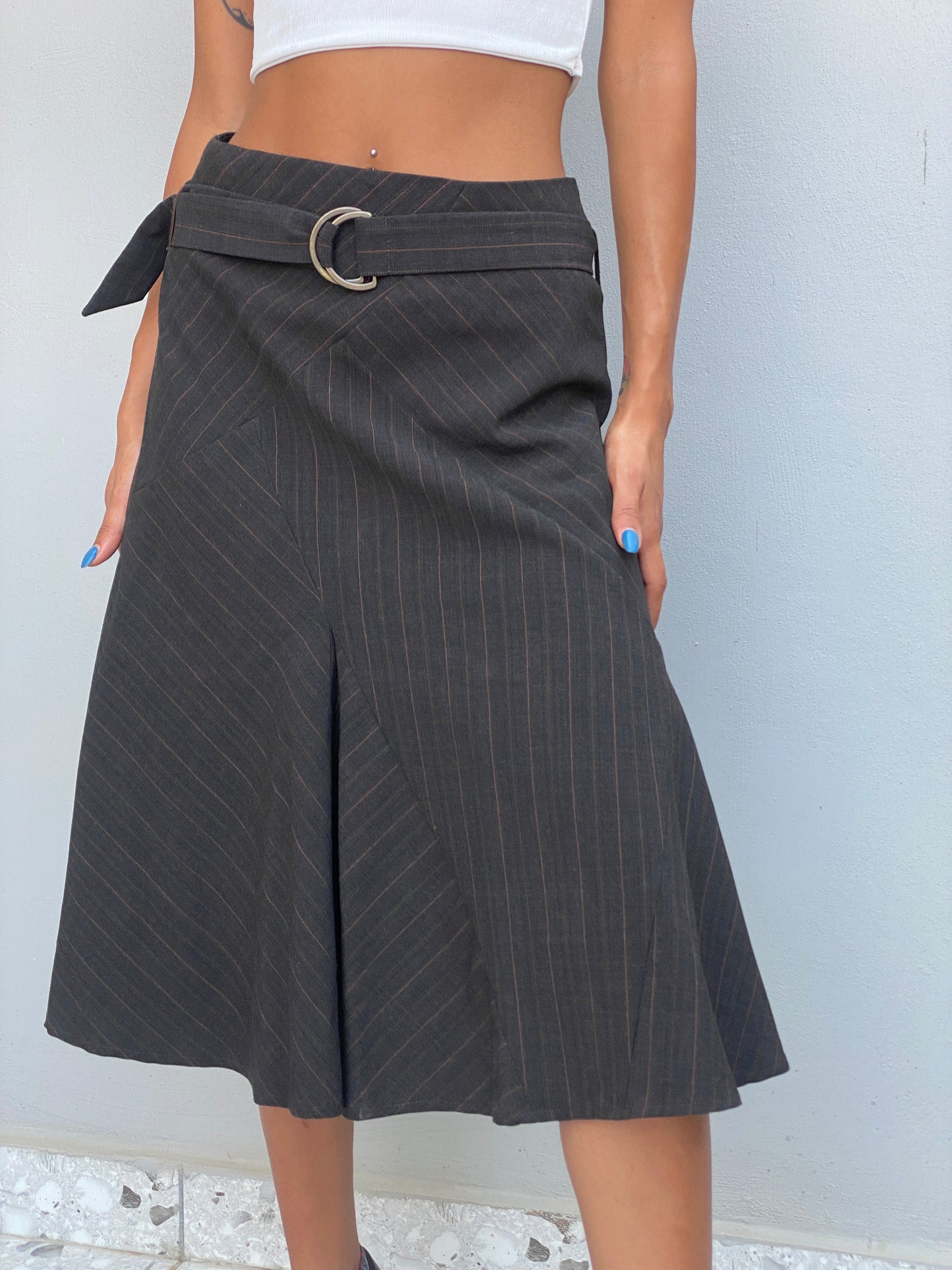 Vintage 123 Un Deux Trois Charcoal Pinstripe Midi Skirt Office Structured A-Line – S