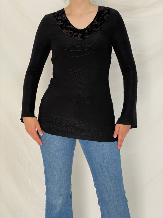 Vintage Dantela Essentials Black Velvet Collar Grunge Top – S