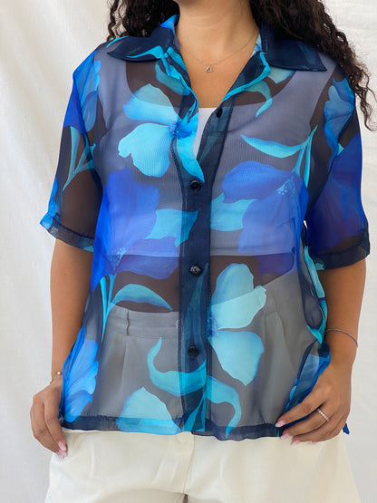 Vintage Blue Floral Sheer Chiffon Half-Sleeve Shirt - XL