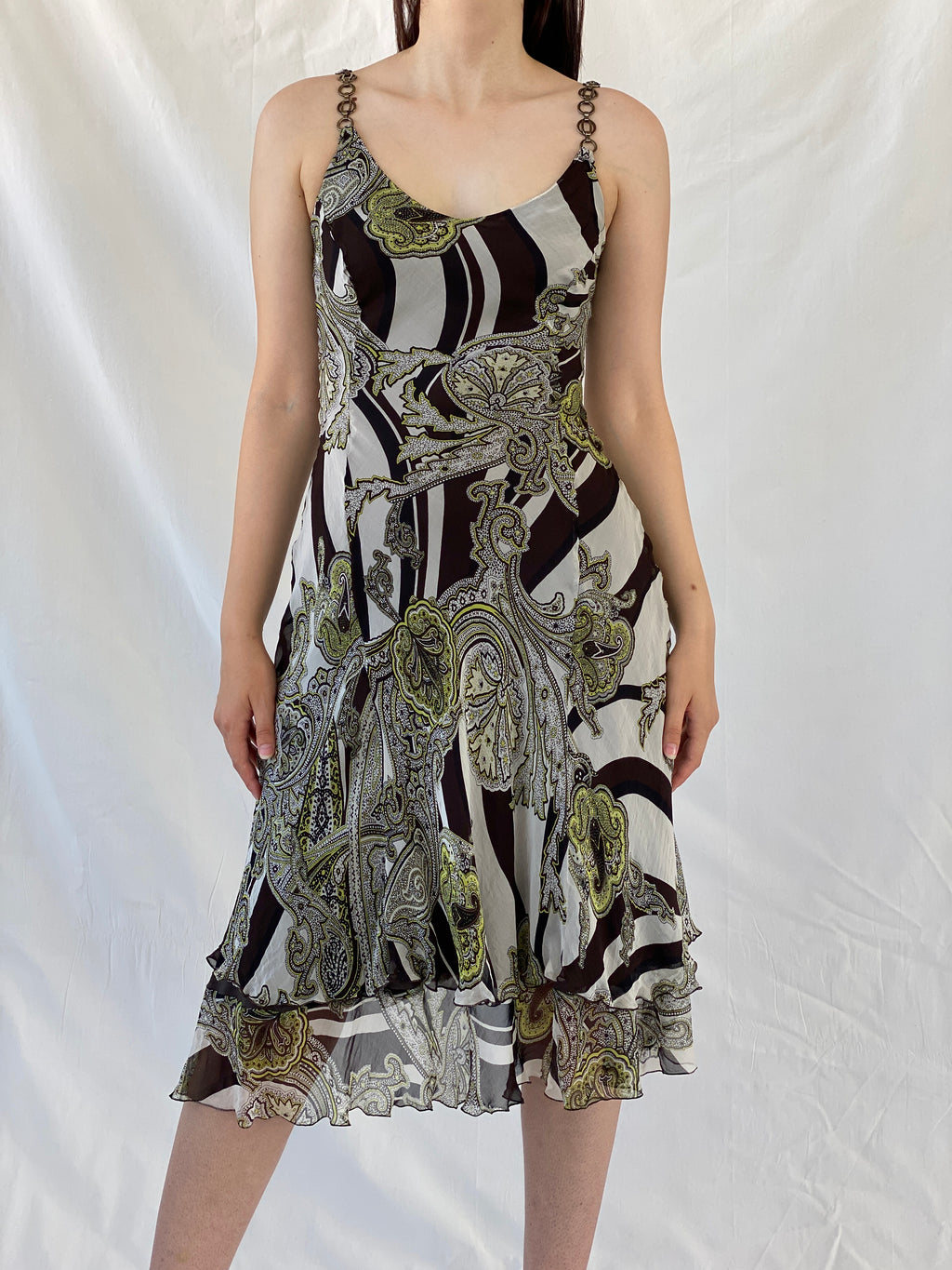 Gorgeous Claudia Sträter Paisley Print Brown Green Silk Sleeveless Summer Vacation Midi Dress - S