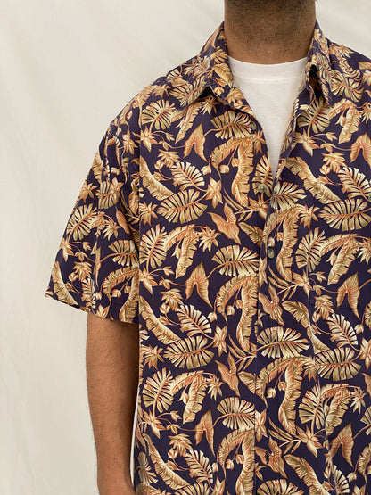 Vintage Pierre Cardin Tropical Leaf Print Hawaiian Shirt Cotton Resort Shirt - L
