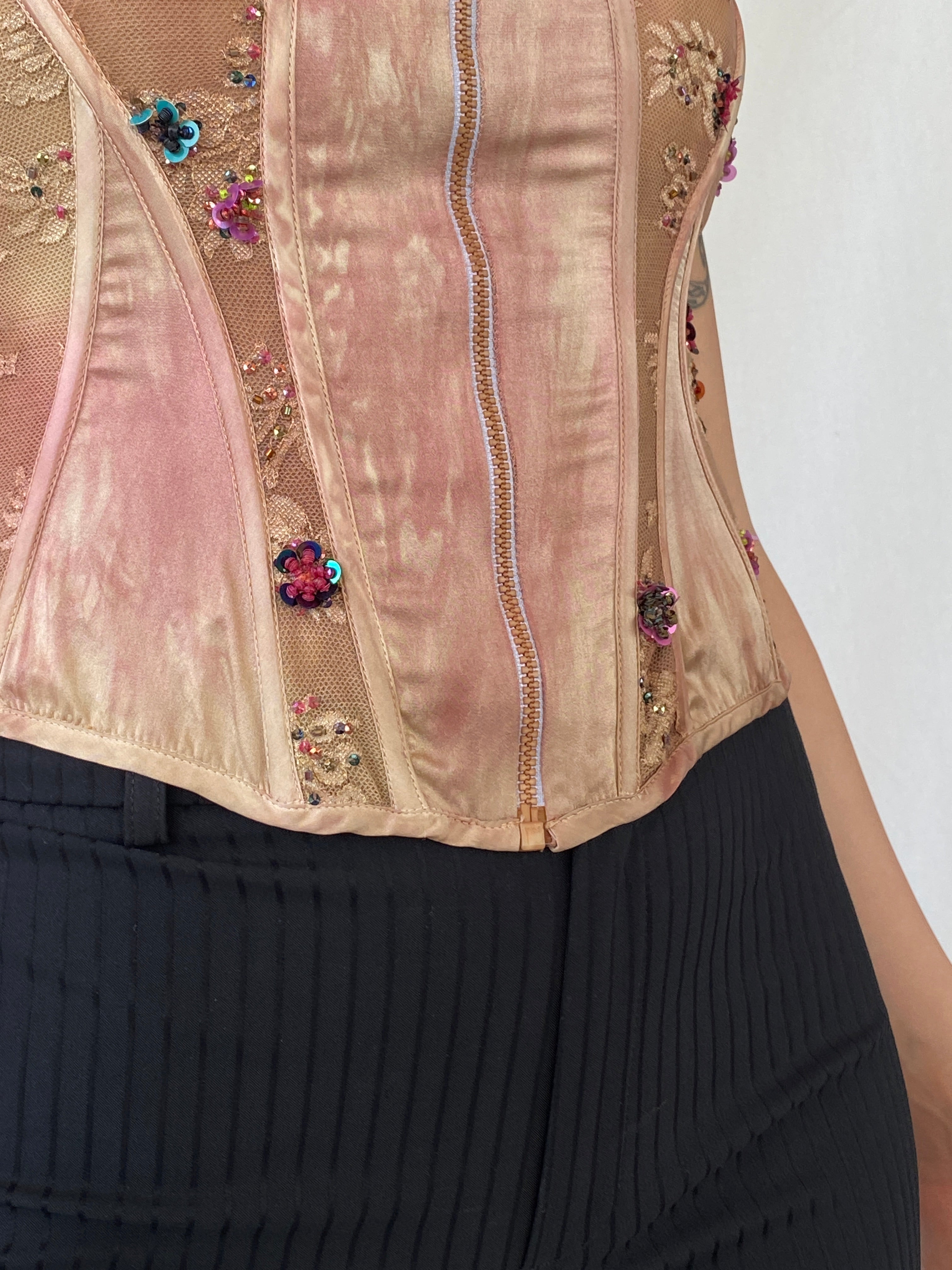 كورسيه جوراندو الوردي المزين بالخرز من التسعينيات بسحاب أمامي - مقاس صغير